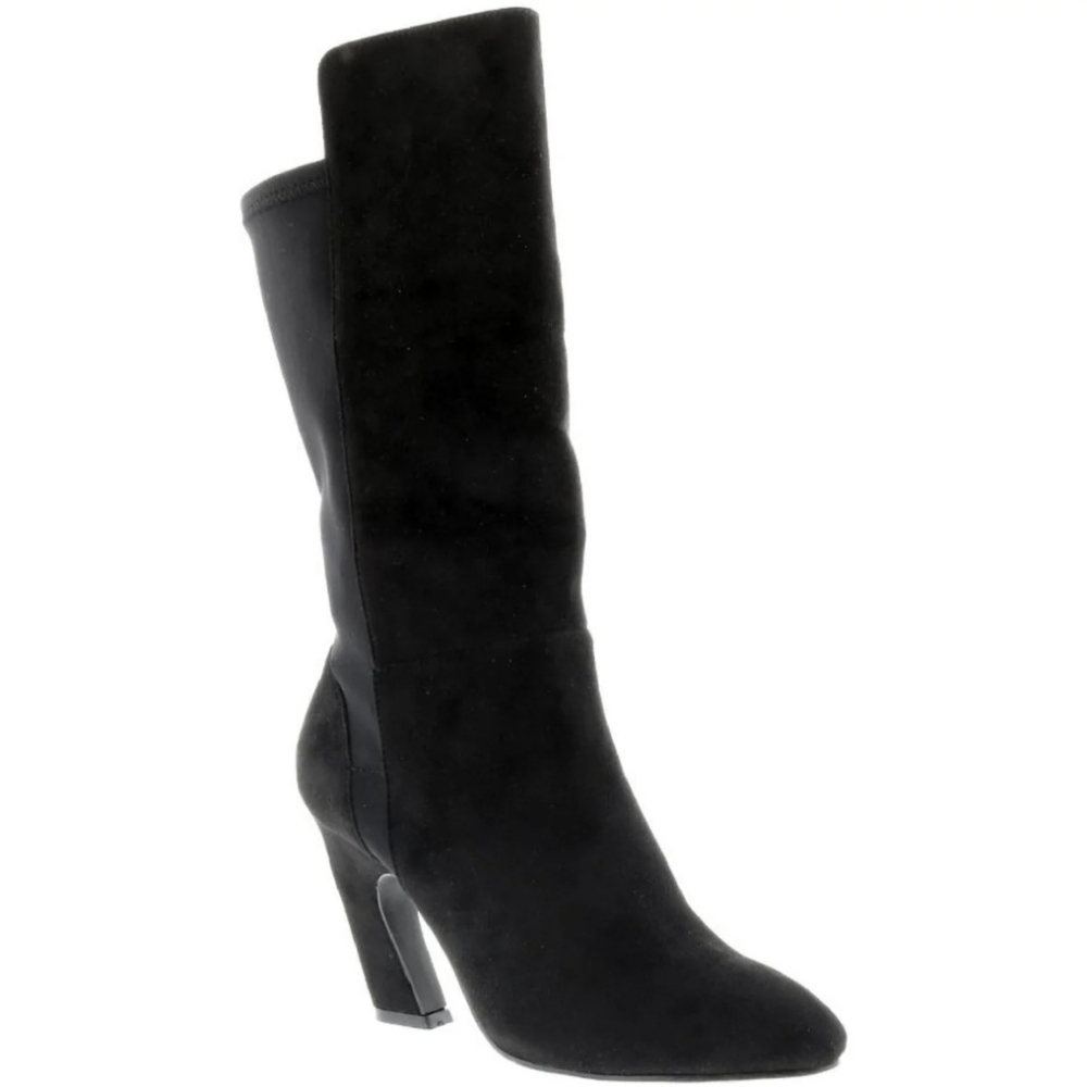 Bellini Chrome Black Velvet Mid-Calf Boots Curved Heel Pointed Toe Women’s